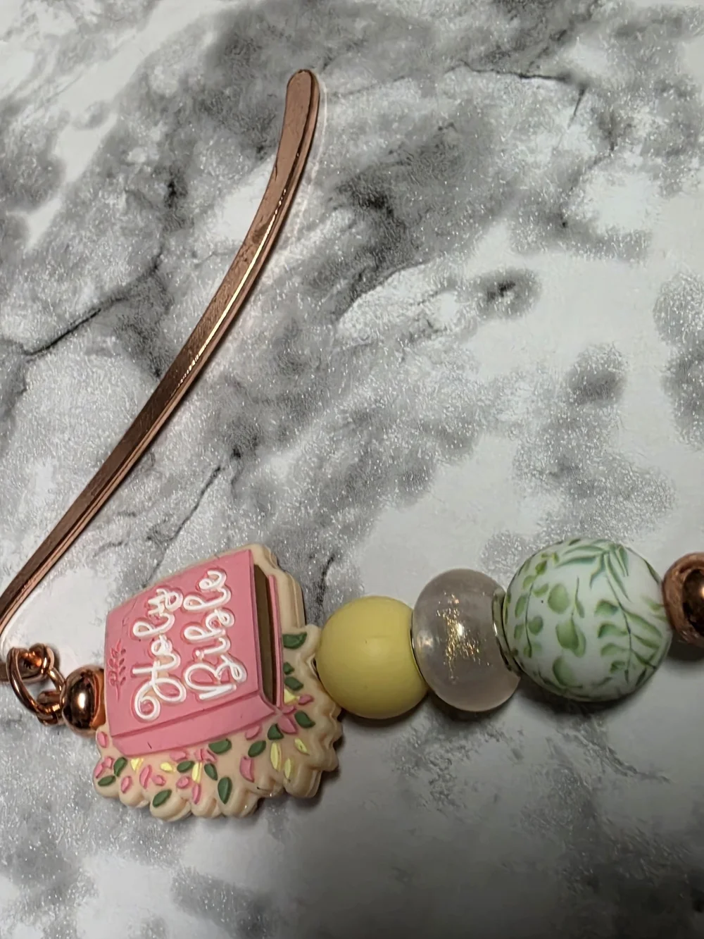 Pink 'Hello Bride' Beaded Bookmark with Green and Yellow Accents